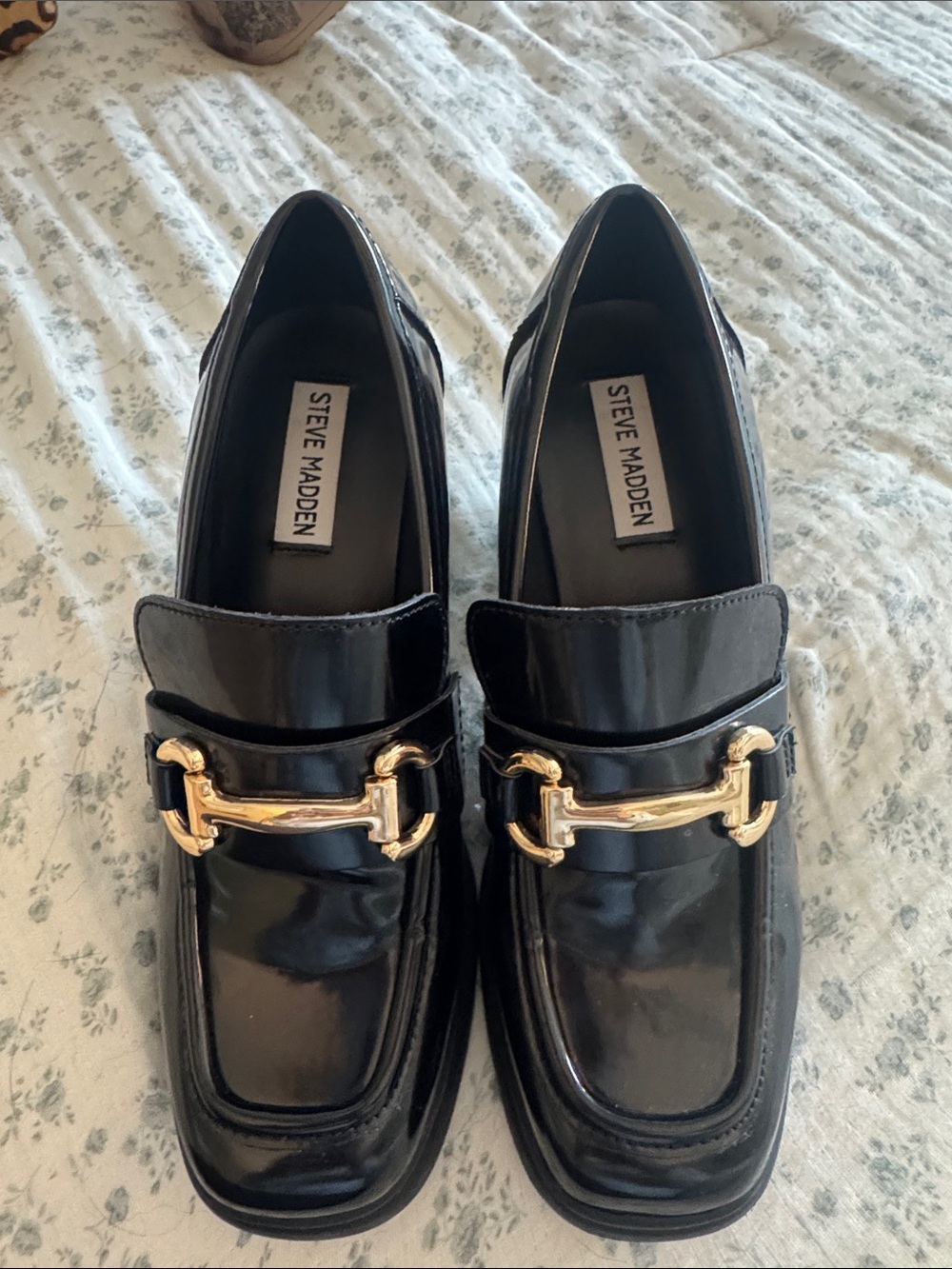 Steve Madden Black Patent Loafers with Gold Horsebit